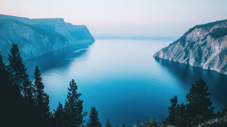 A breathtaking view of a serene mountain lake, surrounded by lush forests and gentle slopes. The calm waters reflect the sky, creating a peaceful atmosphere.の素材