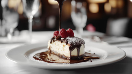 A stunning presentation of decadent chocolate cheesecake, topped with fresh raspberries and a rich chocolate sauce drizzling down, perfect for dessert lovers.の素材