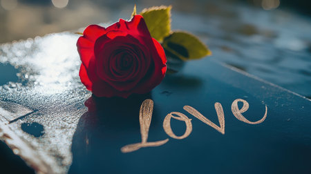 A striking red rose rests gracefully beside a handwritten love note, symbolizing deep emotions and romantic gestures. Perfect for expressing affection.の素材