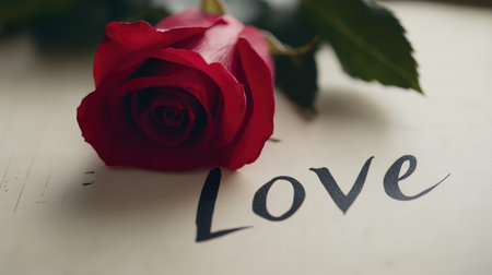 A stunning red rose lies delicately on a wooden surface, accompanied by the word "Love" elegantly scripted nearby. Perfect for expressing affection and romance.の素材