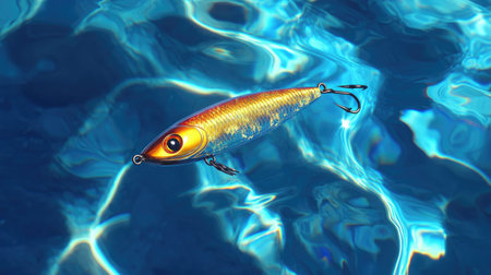 A vibrant fishing lure floats effortlessly in crystal-clear water, reflecting the sunlight. This captivating scene captures the essence of outdoor fishing adventures.の素材