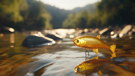 A vibrant golden fish figurine floats on a serene water surface, reflecting the surrounding natural scenery. Ideal for themes of tranquility and outdoor adventure.の素材