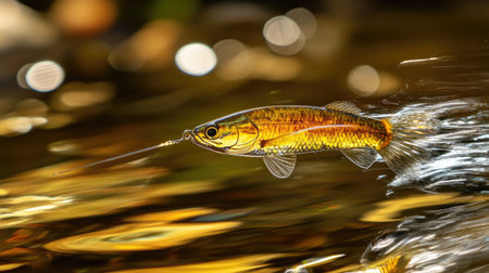 A stunning golden fish gracefully swims through shimmering water, creating captivating reflections and bokeh effects, showcasing the beauty of nature.の素材