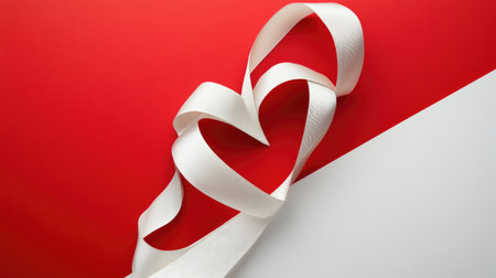 A striking heart shape formed with a white ribbon against a vibrant red and white background, symbolizing love and affection. Perfect for romantic themes.の素材