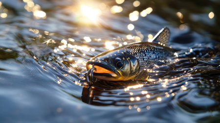 A stunning close-up of a fish swimming gracefully near a fishing lure, surrounded by shimmering water and dappled sunlight. Ideal for nature and fishing themes.の素材