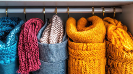 A vibrant collection of cozy knit scarves and sweaters neatly organized on hangers in a modern closet. Perfect for those chilly winter days.の素材