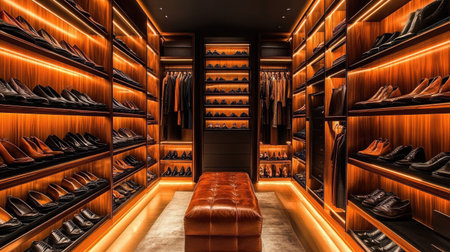 A luxurious shoe closet featuring elegant lighting and a stylish arrangement of footwear. This modern space highlights sophisticated design and organization.の素材