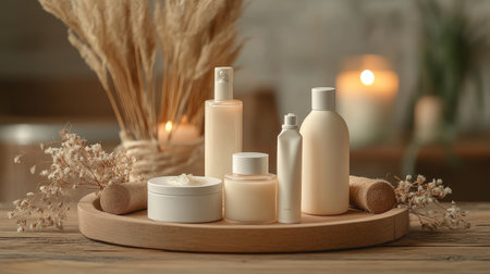 A serene display of natural beauty products on a wooden tray, surrounded by calming elements. This composition captures tranquility and elegance in skincare.の素材