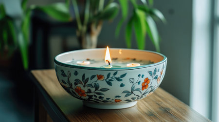 This image showcases an elegant ceramic bowl illuminated by candlelight, featuring a floral design. The serene setting creates a tranquil ambiance, perfect for relaxation and meditation.の素材