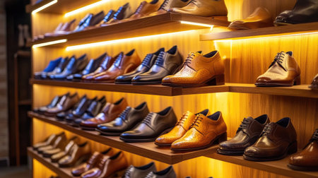 A stunning display showcasing a variety of elegant men's dress shoes arranged artistically on wooden shelves with warm lighting that highlights their craftsmanship and style.の素材