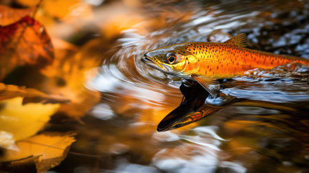 A stunning trout swims gracefully in clear water, surrounded by vibrant autumn leaves. The reflective surface enhances the tranquil scene, showcasing nature's beauty.の素材