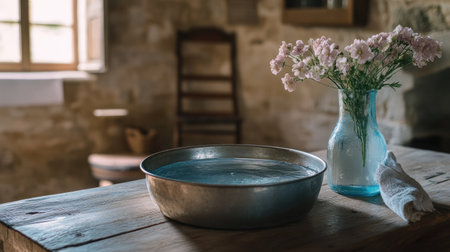A serene vintage kitchen interior featuring a water basin and fresh flowers in a glass vase. Natural light enhances the rustic charm and peaceful atmosphere.の素材