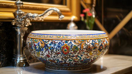 This image showcases a beautifully crafted ceramic basin with intricate floral patterns, set against a luxurious backdrop, ideal for elegant home interiors.の素材