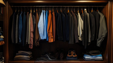 A beautifully organized wardrobe showcases a variety of men's clothing, featuring jackets, shirts, and accessories. Ideal for fashion inspiration and interior design.の素材