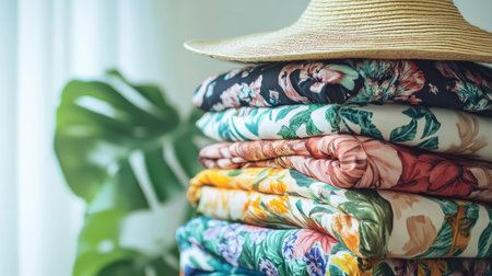 A vibrant stack of colorful floral fabrics topped with a straw hat, creating a lively and inviting atmosphere perfect for summer dの素材