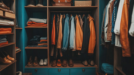 A stylish and organized modern closet showcasing a collection of fashionable clothing and shoes. The vibrant colors and neat arrangement create an inviting space.の素材