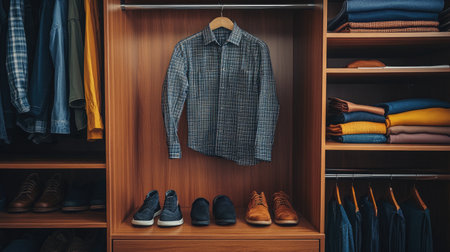 Discover a well-organized wardrobe featuring a casual shirt, stylish shoes, and neatly folded garments. This visual showcases an inviting and modern closet design.の素材