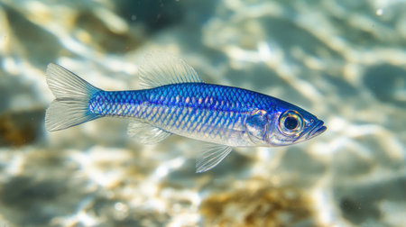 A stunning blue fish glides gracefully through clear shallow water beneath sunlit waves, showcasing the beauty of aquatic life and vibrant underwater ecosystems.の素材