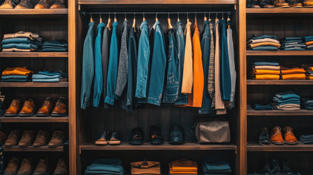 A well-organized closet showcasing a range of clothing and footwear. The scene features neatly hung shirts and jackets alongside stacked jeans and shoes.の素材