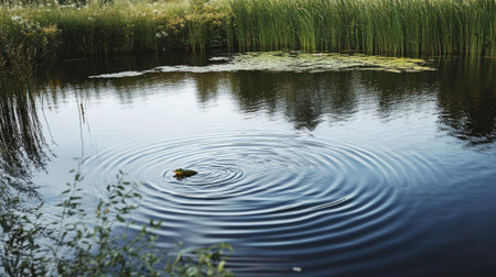 This tranquil pond scene features ripples on the water surface, surrounded by lush greenery and lily pads, creating a serene atmosphere in nature.の素材
