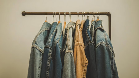 This image showcases a stylish collection of denim jackets neatly hanging on a wall rack, highlighting the diverse shades and textures, perfect for fashion inspiration.の素材