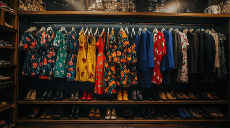A vibrant clothing rack showcases a variety of dresses in floral patterns, accompanied by stylish footwear. Perfect for visual merchandising and retail inspiration.の素材