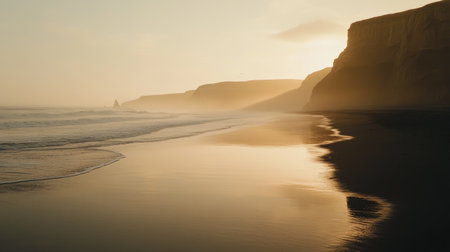 A serene beach landscape at sunset showcasing gentle waves lapping the shore. The cliffs rise majestically in the background, creating a tranquil atmosphere.の素材