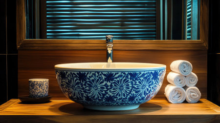 This image showcases a beautifully designed ceramic sink featuring a vibrant blue floral pattern. Rolled towels and soft lighting enhance the serene atmosphere.の素材