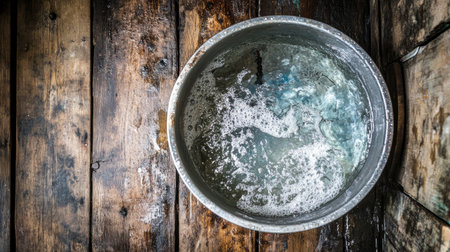 A metal bowl filled with bubbling water sits on a weathered wooden surface, conveying a sense of freshness and tranquility with its natural textures.の素材