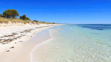 A picturesque sandy beach featuring turquoise water and a deep blue sky. Ideal for relaxation, this serene landscape showcases the beauty of nature and tranquility.の素材