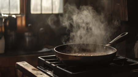 A pan simmers on a stove, releasing steam into a cozy rustic kitchen. The warm atmosphere and natural light create an inviting culinary scene.の素材