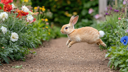 A cute rabbit joyfully hops through a colorful garden filled with vibrant blooms. This lively scene captures the essence of spring and the beauty of nature.の素材