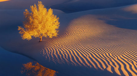 A stunning solitary tree stands majestically in golden light, reflecting on calm water alongside soft sand dunes, capturing the essence of serenity and tranquility.の素材