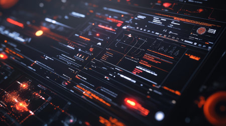 Stunning digital interface with a dark background and vivid red highlights, showcasing data visualization and modern technology elements, perfect for futuristic projects.の素材