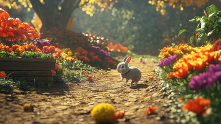 A cute white rabbit hops joyfully through a vibrant flower garden. The colorful blooms create a picturesque and serene atmosphere, perfect for nature lovers.の素材
