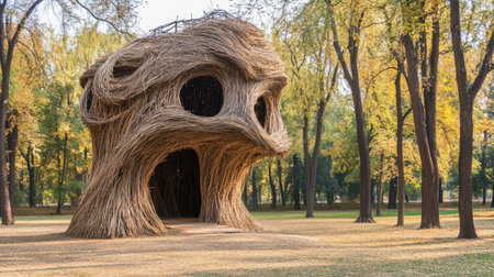 A striking artistic structure made of twigs stands tall amid autumn trees, showcasing creativity and design in a tranquil outdoor park setting.の素材