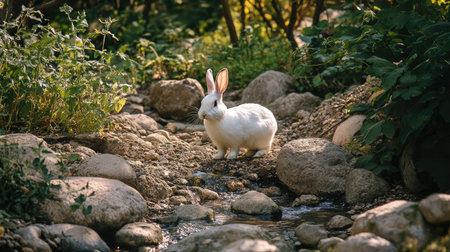 A charming white rabbit stands beside a gentle stream, surrounded by lush greenery and smooth stones. The scene captures the serenity of nature, inviting peace.の素材