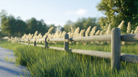 A serene outdoor scene featuring lush green grass, a rustic wooden fence, and fluffy reeds swaying gently in the sunlight against a background of trees.の素材
