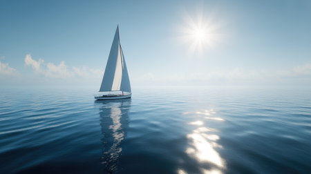 A serene sailboat glides across a calm sea, reflecting sunlight under a clear blue sky. This tranquil scene captures the essence of peaceful sailing and adventure.の素材