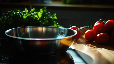 A stunning arrangement of fresh tomatoes and vibrant cilantro beside a shiny stainless steel pan on a wooden countertop, capturing the essence of culinary preparation.の素材