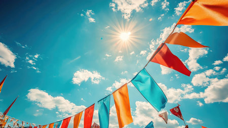 A vibrant display of colorful flags fluttering in the bright blue sky under radiant sunlight. Perfect for conveying a sense of joy and celebration.の素材