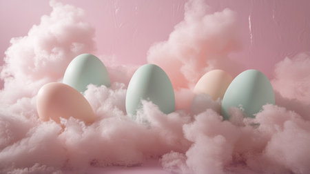 Colorful Easter eggs in soft cotton clouds create a whimsical scene on a pink background. Ideal for spring themes, celebrations, and festive decorations.の素材