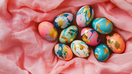 A beautiful arrangement of colorful Easter eggs resting on soft pink fabric. The eggs exhibit unique patterns and vibrant hues, perfect for festive decor.の素材