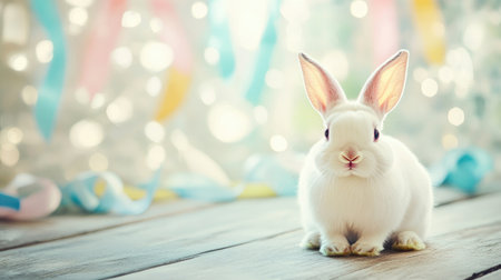 This charming image features a cute white bunny with large ears sitting on a wooden surface, surrounded by pastel decorations and soft lights, evoking joy.の素材