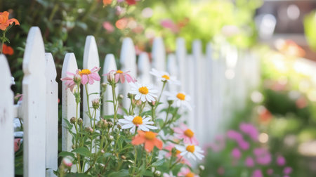 A picturesque view of a flower garden next to a white wooden fence, showcasing colorful blooms and vibrant greenery. This serene outdoor scene captures the essence of spring.の素材