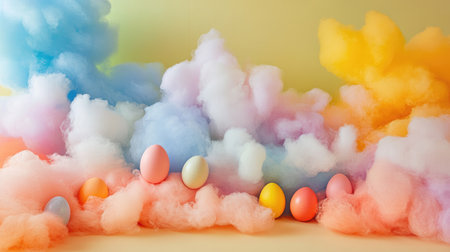 A delightful scene featuring colorful Easter eggs nestled among fluffy cotton clouds, creating a soft and dreamy atmosphere perfect for spring celebrations.の素材