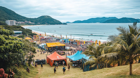 A lively beach festival showcasing colorful tents, crowds enjoying summer activities, and stunning coastal scenery. A perfect scene of celebration and enjoyment.の素材