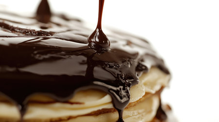 A close-up view of a decadent dessert featuring rich chocolate sauce dripping over beautifully layered cake. Perfect for showcasing indulgence in food photography.の素材