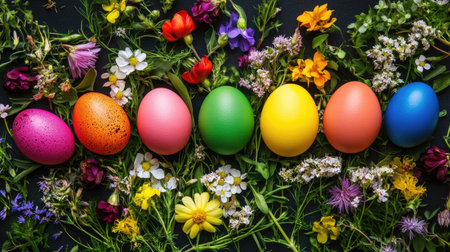 A stunning arrangement of colorful Easter eggs resting among fresh spring flowers, perfect for celebrating holidays with vibrant decorations and natural beauty.の素材