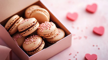 A beautifully arranged box of pink macarons adorned with heart-shaped sprinkles, perfect for gifts or romantic occasions. Ideal for celebrations.の素材